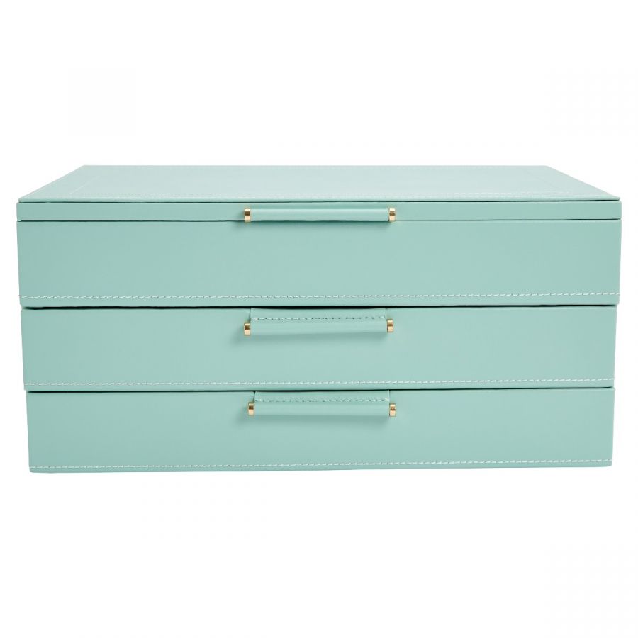 A light green jewellery box with drawers, featuring a smooth leather finish and metal handles.