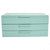 A light green jewellery box with drawers, featuring a smooth leather finish and metal handles.