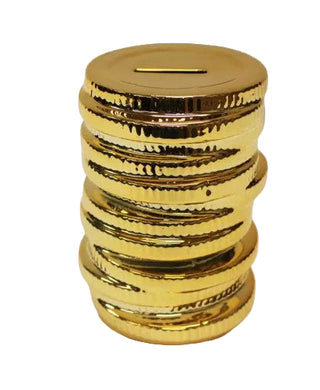 Gold textured cylindrical money box on a white background