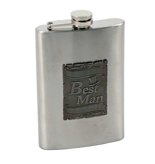 Stainless steel flask with 'Best Man' engraving on a white background