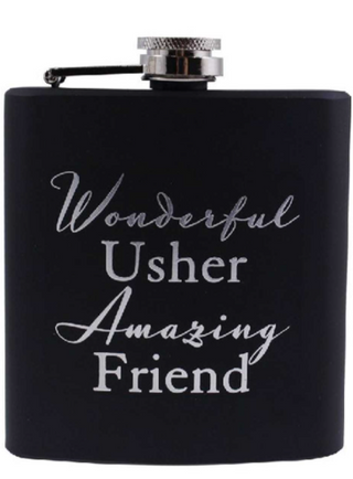Black flask with 'Wonderful Usher Amazing Friend' text on a white background