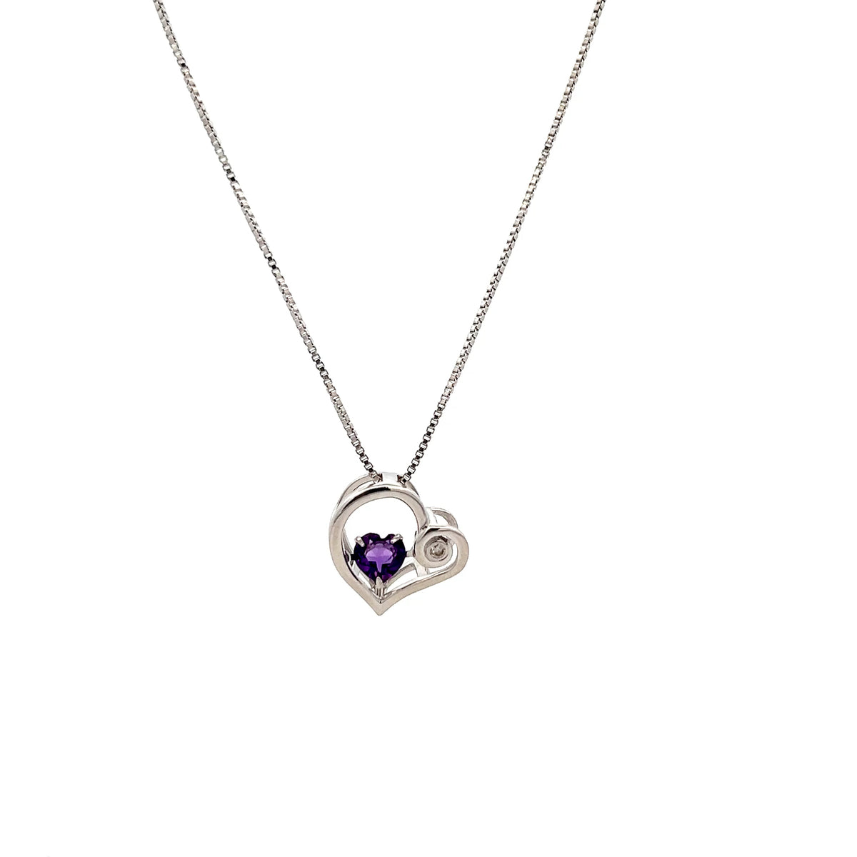 Sterling Silver Amethyst and Diamond Heart Necklace , 18"