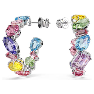 Swarovski - Gema hoop earrings Asymmetrical design, Mixed cuts, Small, Multicoloured, Rhodium plated  - 5692412- Discontinued