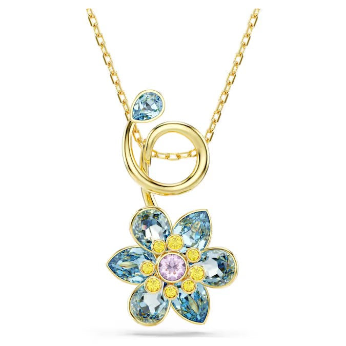 Swarovski - Idyllia pendant, Mixed cuts, Flower, Blue, Gold-tone plate ...