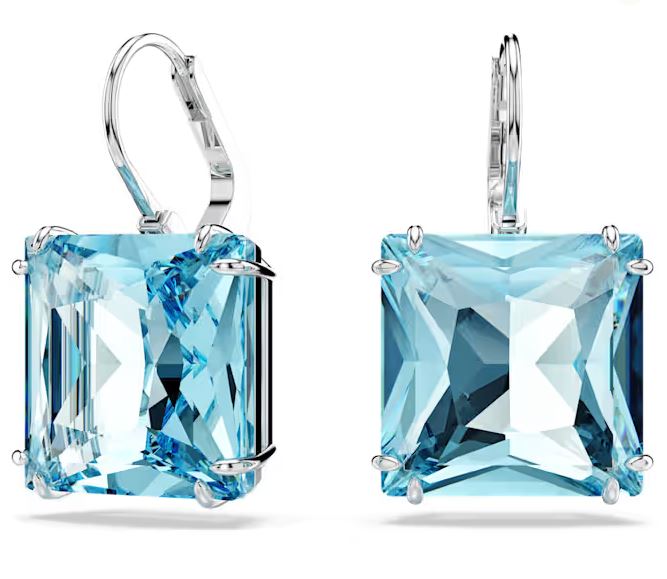 Swarovski - Millenia drop earrings, Square cut, Blue, Rhodium plated - 5619472