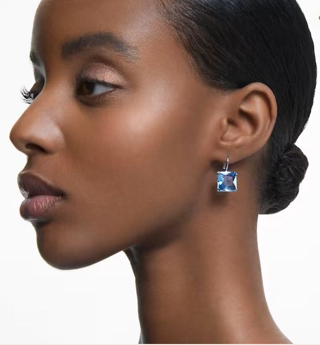 Swarovski - Millenia drop earrings, Square cut, Blue, Rhodium plated - 5619472
