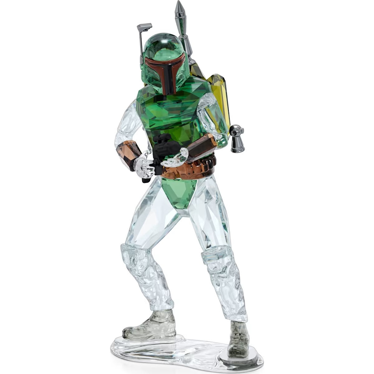 A Swarovski crystal figurine of Star Wars Boba Fett character, featuring green and clear facets with black metal and printed details.