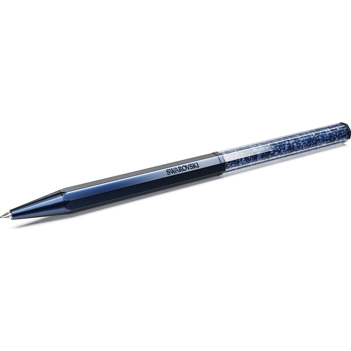 A blue Swarovski Crystalline ballpoint pen with sparkling crystals embedded in its body.