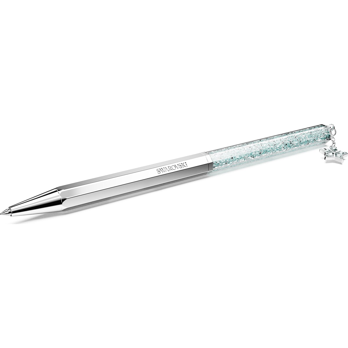 A Swarovski Crystalline ballpoint pen with blue star detail on the top, predominantly silver in color with a sparkling blue crystal embellishment on the body.