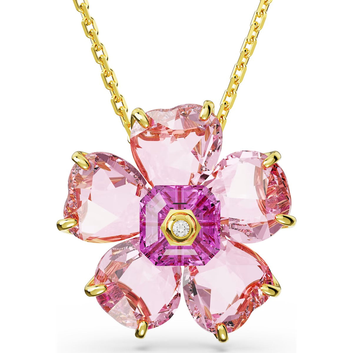 Pink flower-shaped necklace with gold accents on a white background