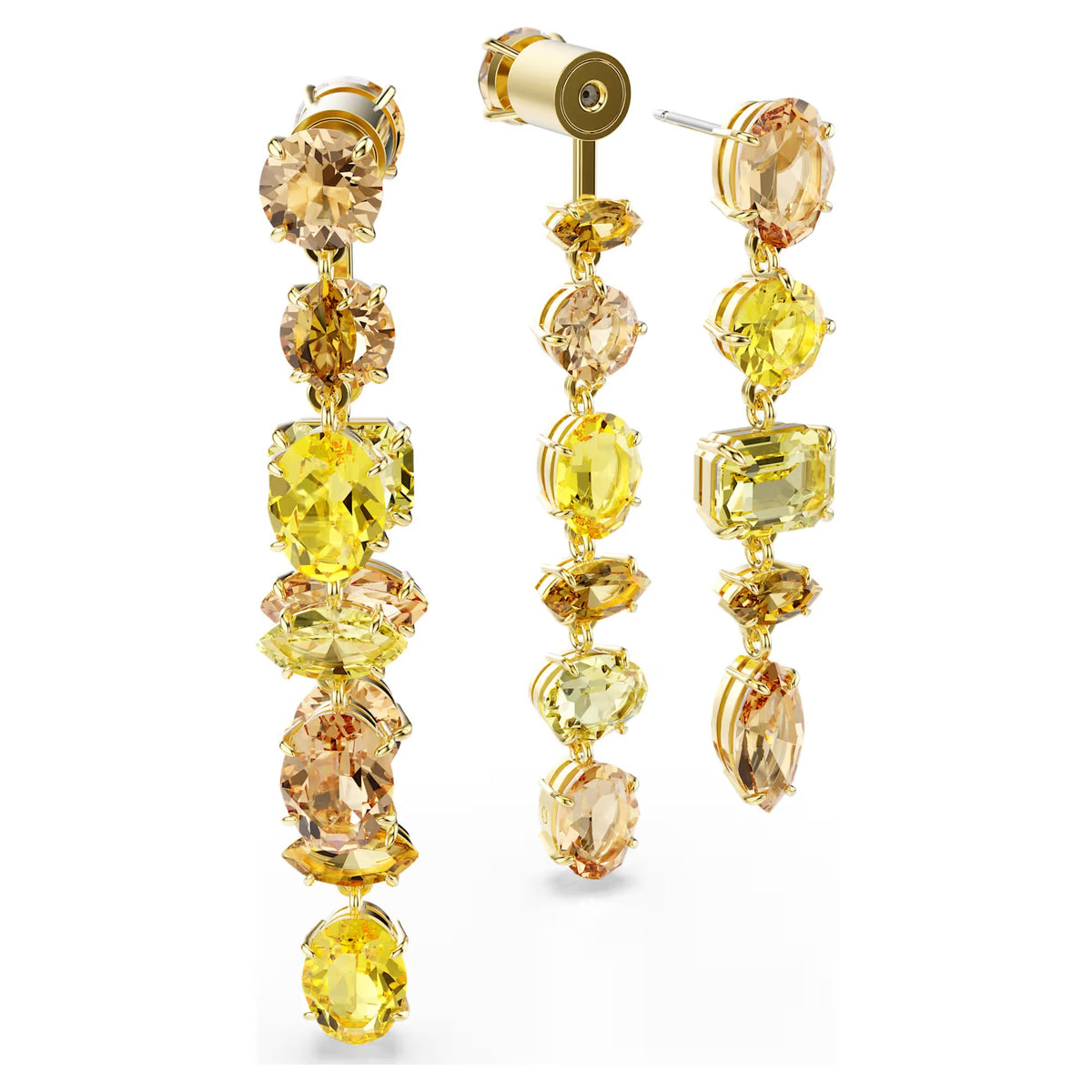 Swarovski Gema drop earrings, Asymmetrical design, Mixed cuts, Long, Yellow, Gold-tone plated 5718073