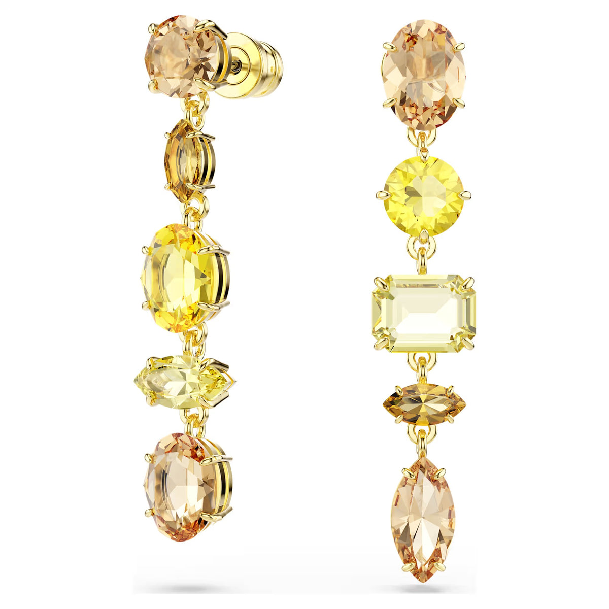 Swarovski Gema drop earrings, Asymmetrical design, Mixed cuts, Long, Yellow, Gold-tone plated 5718073