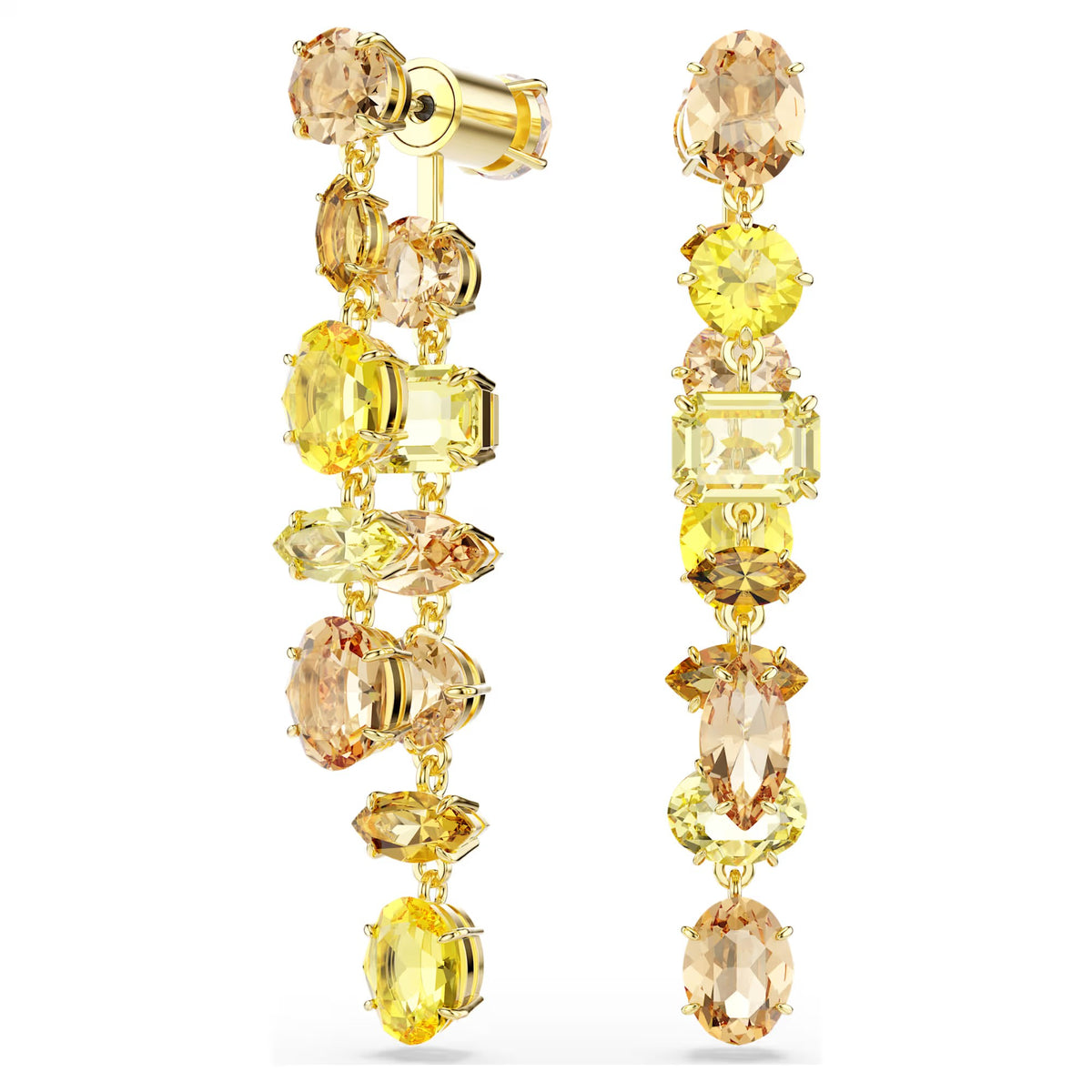 Swarovski Gema drop earrings, Asymmetrical design, Mixed cuts, Long, Yellow, Gold-tone plated 5718073