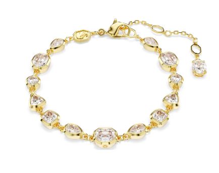 Gold bracelet with clear gemstones on a white background
