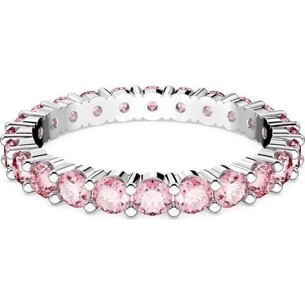 Silver bracelet with pink gemstones on a white background