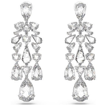 A pair of rhodium-plated Swarovski clip earrings featuring a chandelier design with mixed cuts and white crystals.