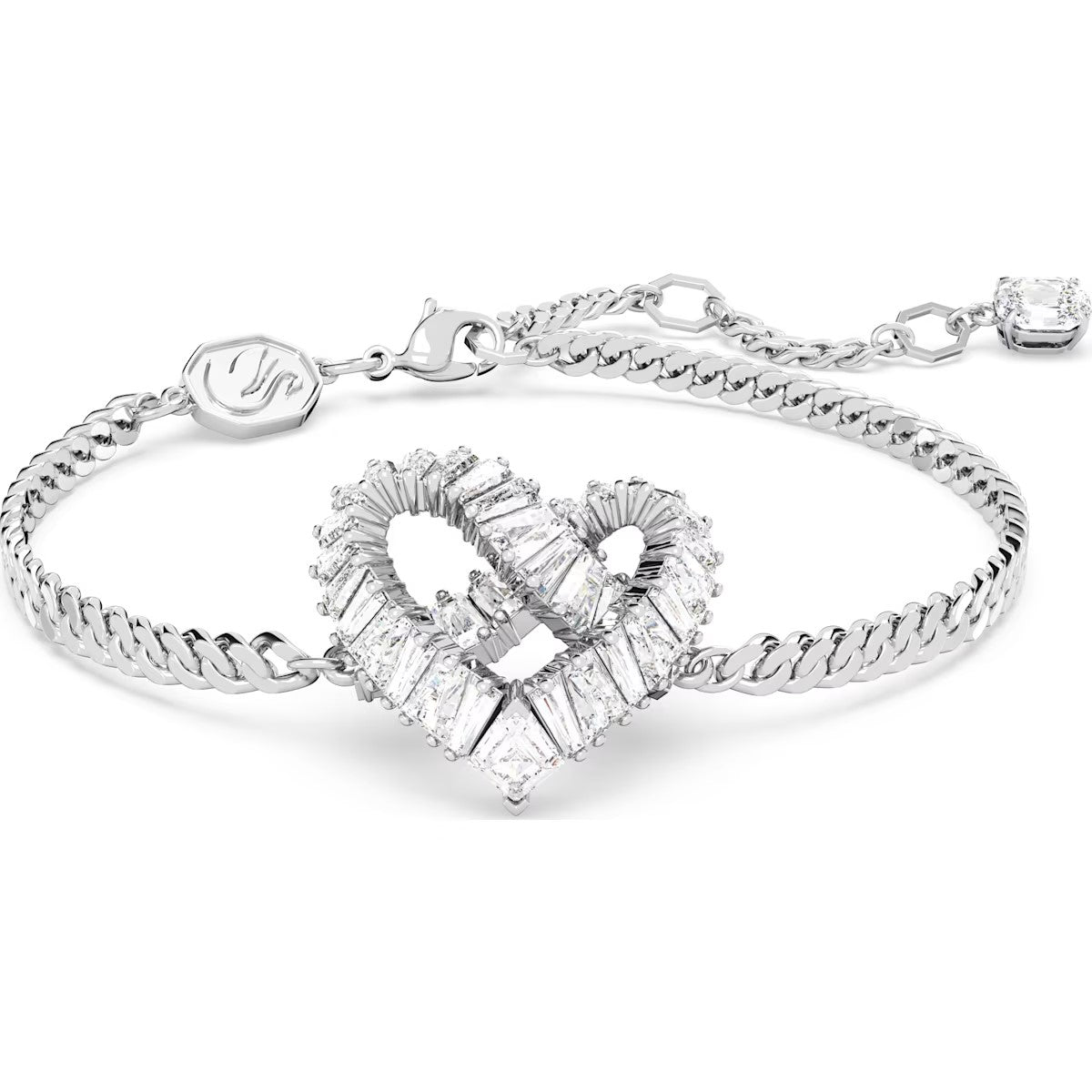 Silver bracelet with heart-shaped diamond design on a white background