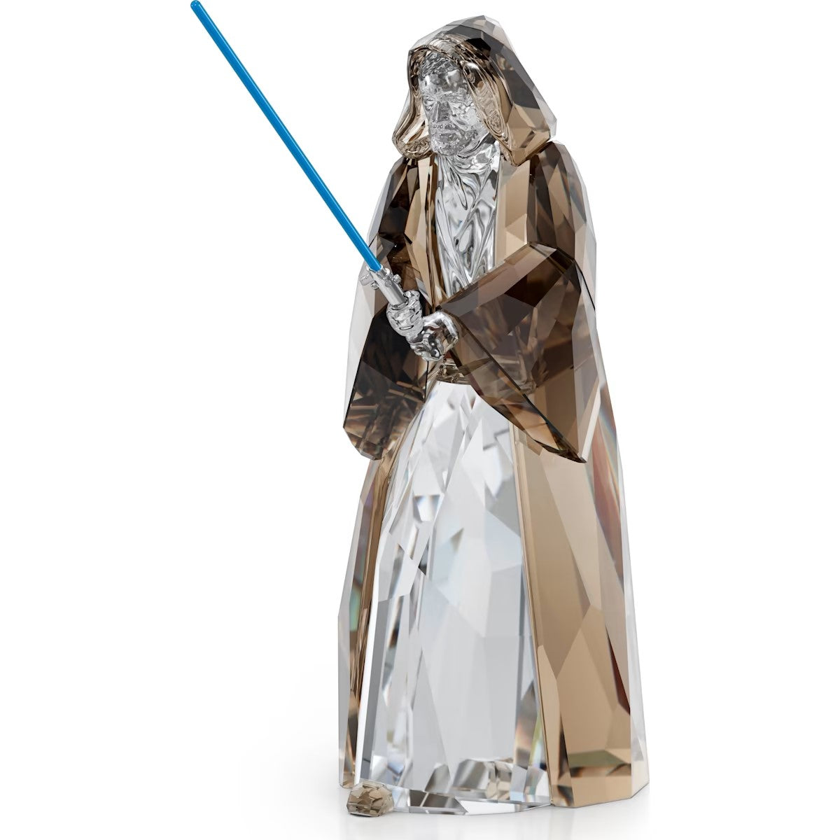 Crystal figure of a character from a popular franchise with a blue lightsaber on a white background