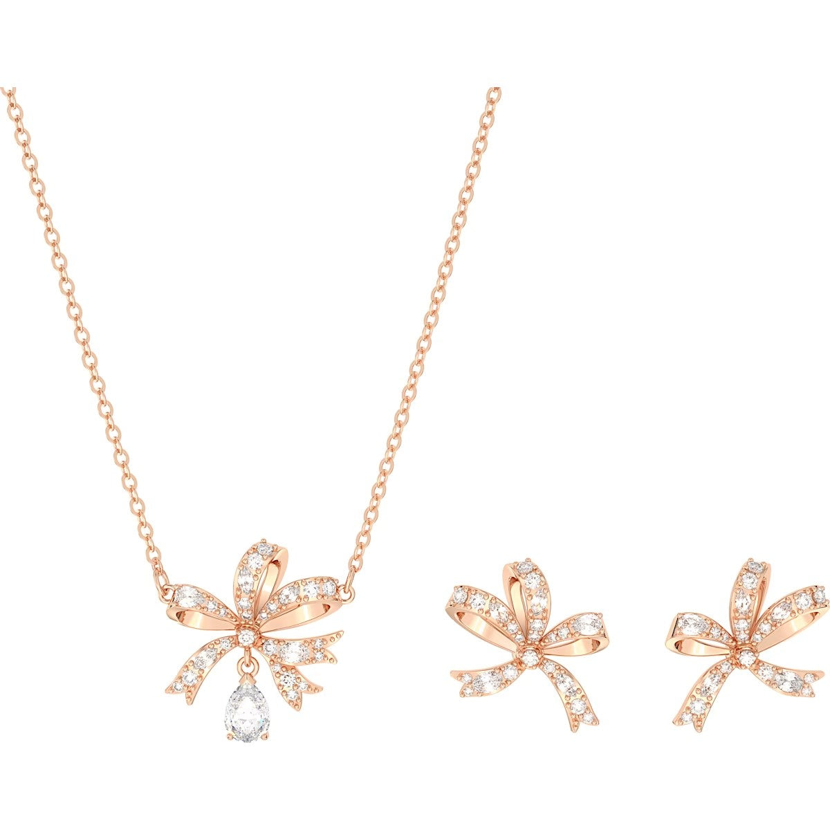 A rose gold-tone plated necklace with a bow-inspired design and clear crystal embellishments, accompanied by matching pierced earrings, both adorned with clear crystals.