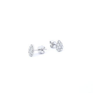 A pair of 14K white gold diamond earrings with a floral pattern.