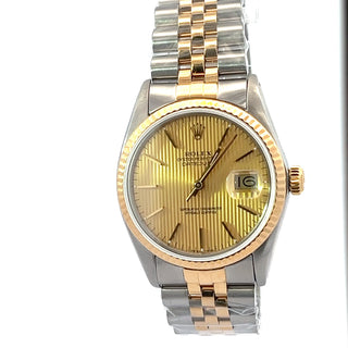 Pre- Owned Datejust 16013 36mm 18k & SS Jubilee Bracelet Gold Tapestry Dial Upraded Saphire Crystal . Rolex Box
