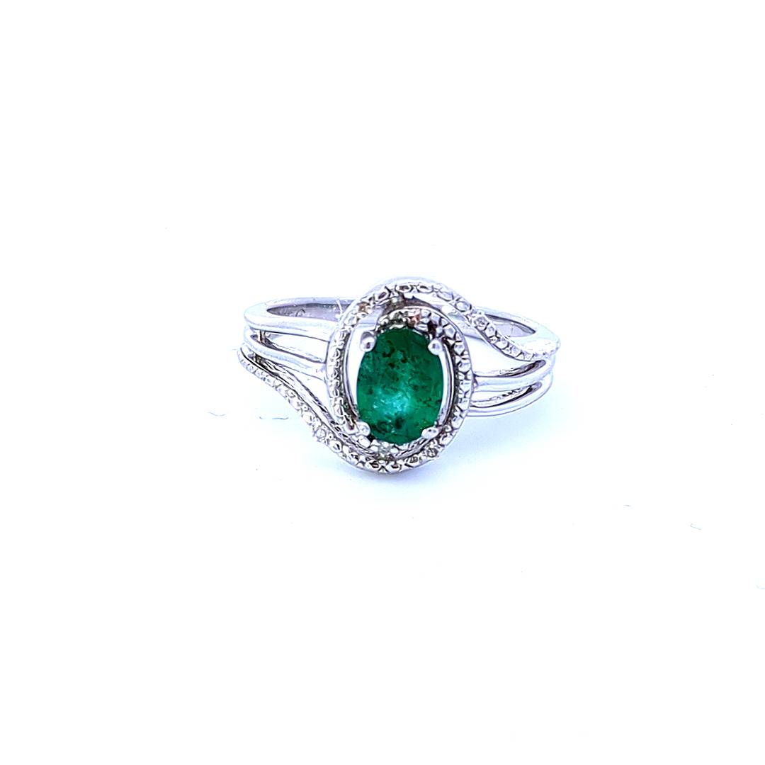 Sterling Silver Emerald and Diamond Ring, size 6