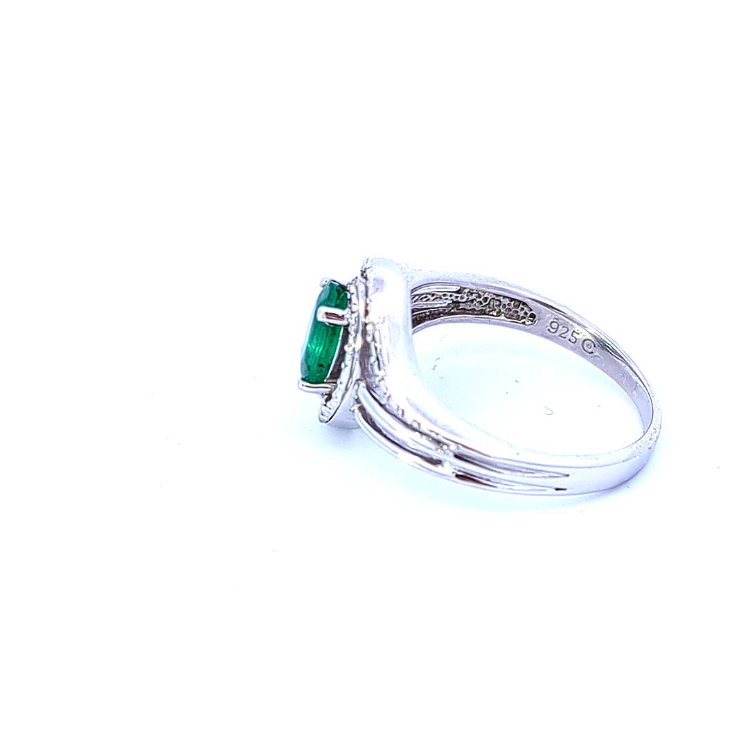 Sterling Silver Emerald and Diamond Ring, size 6