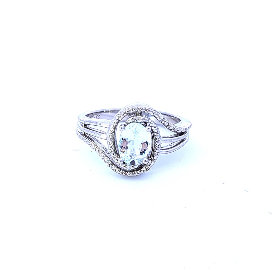 Sterling Silver Aquamarine and Diamond Ring, size 6