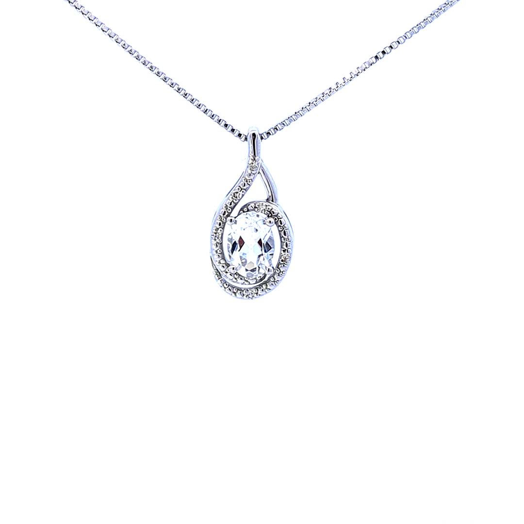 Collar de plata con topacio blanco ovalado de 0,75 quilates y diamante de 0,03 quilates, 18&quot;