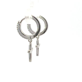Pendientes Huggies de Plata 925 con Circonitas y Cruz Colgante