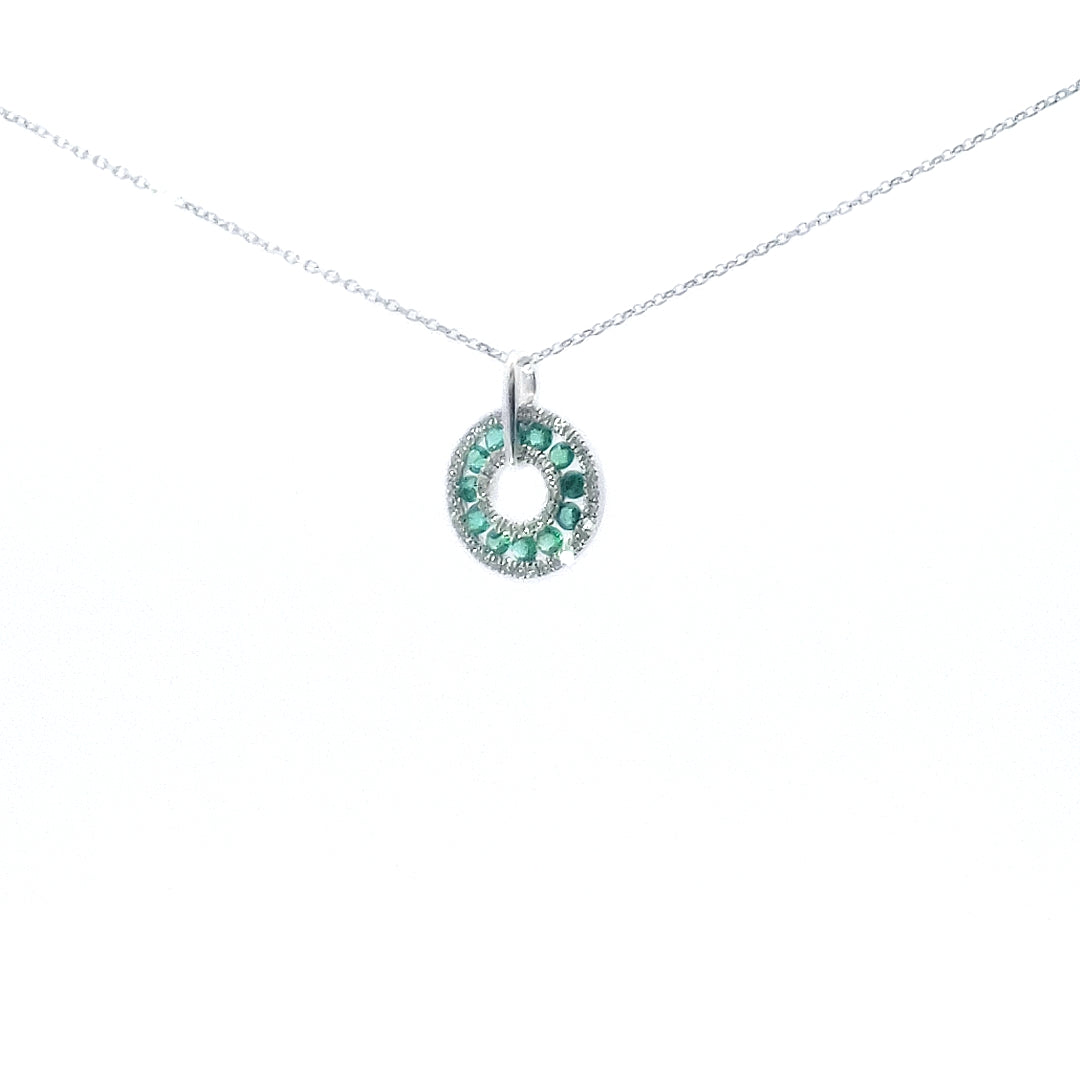14K White Gold Emerald and Diamond Pendant, 18&quot;