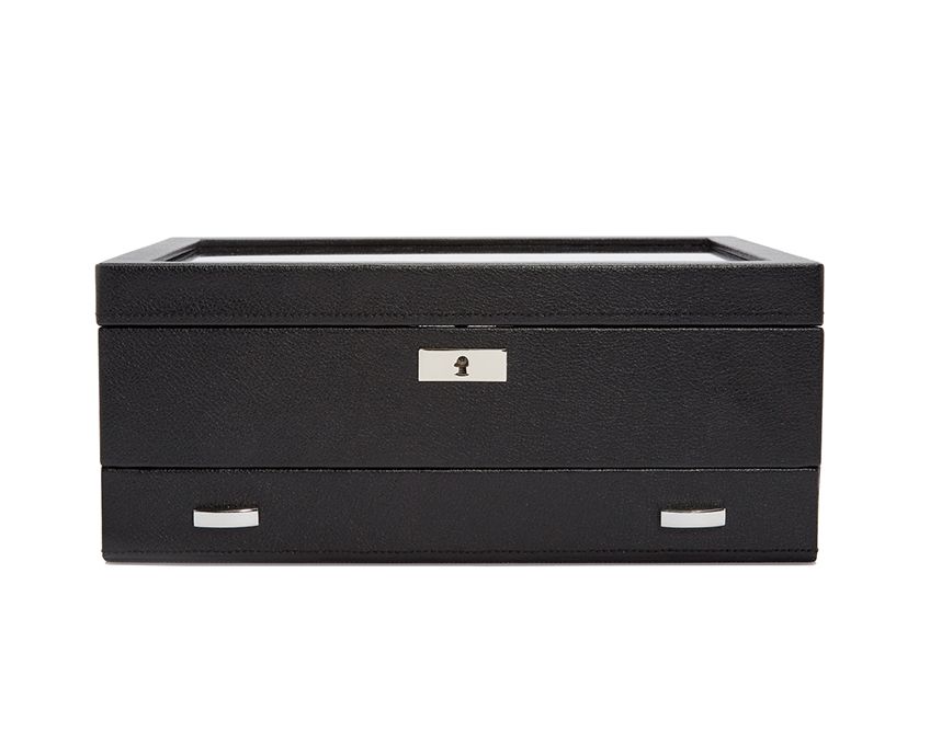 A black Viceroy 10-piece watch box with a smooth pebble exterior, silver textured silk lining, and a locking glass cover.