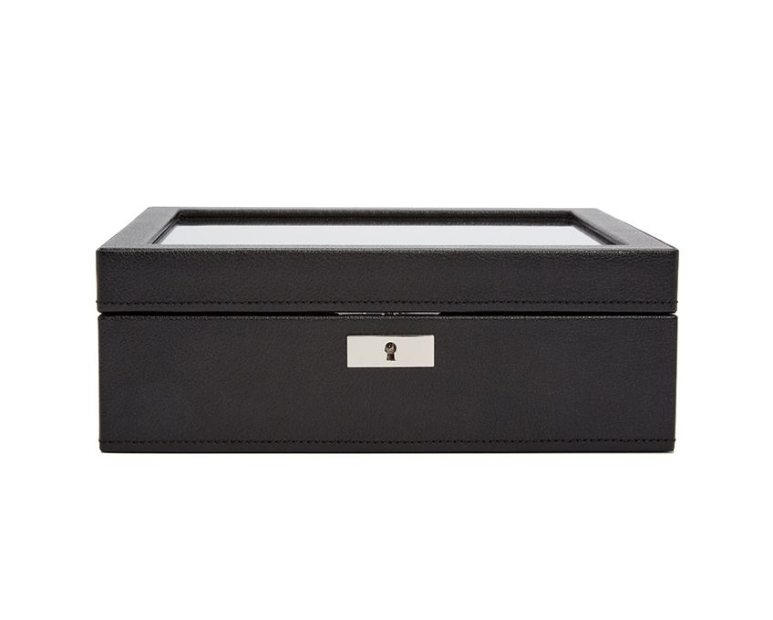 A black Viceroy 8-piece watch box with a smooth pebble exterior and a silver textured silk lining, featuring a lock and key security system.