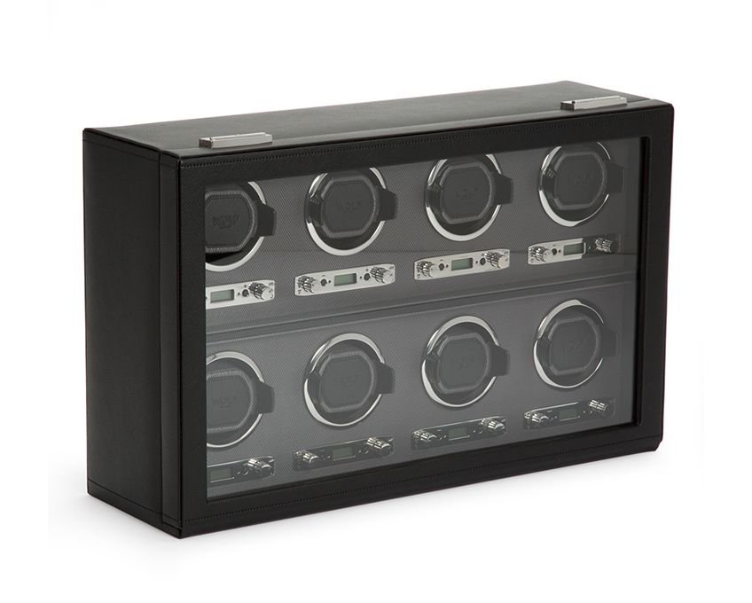 A black Viceroy 8 Piece Watch Winder with multiple compartments for winding watches.