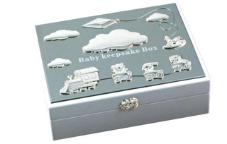 Baby keepsake box with cloud and car designs on a light gray background
