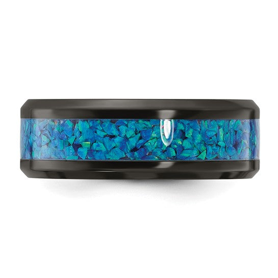 Chisel® 8mm Blue Imitation Opal Inlay Black Zirconium Polished Band - Size 7 to 13