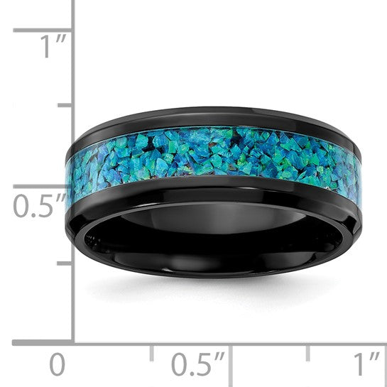 Chisel® 8mm Blue Imitation Opal Inlay Black Zirconium Polished Band - Size 7 to 13