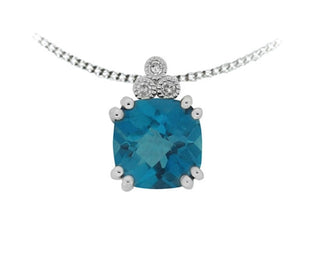 10K White Gold 8mm Checkerboard Cut Cushion London Blue Topaz and 0.03cttw Diamond Necklace - 18 Inches