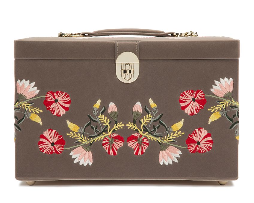 A large jewelry box with a floral pattern on the front, in a muted color palette, with a lock and key illustration.