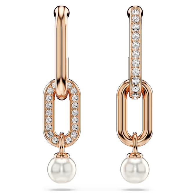 Swarovski Constella drop earrings Crystal pearl, Round cut, White, Rose gold-tone plated 5728585
