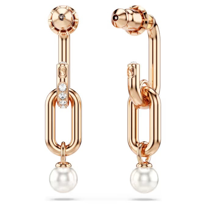 Swarovski Constella drop earrings Crystal pearl, Round cut, White, Rose gold-tone plated 5728585