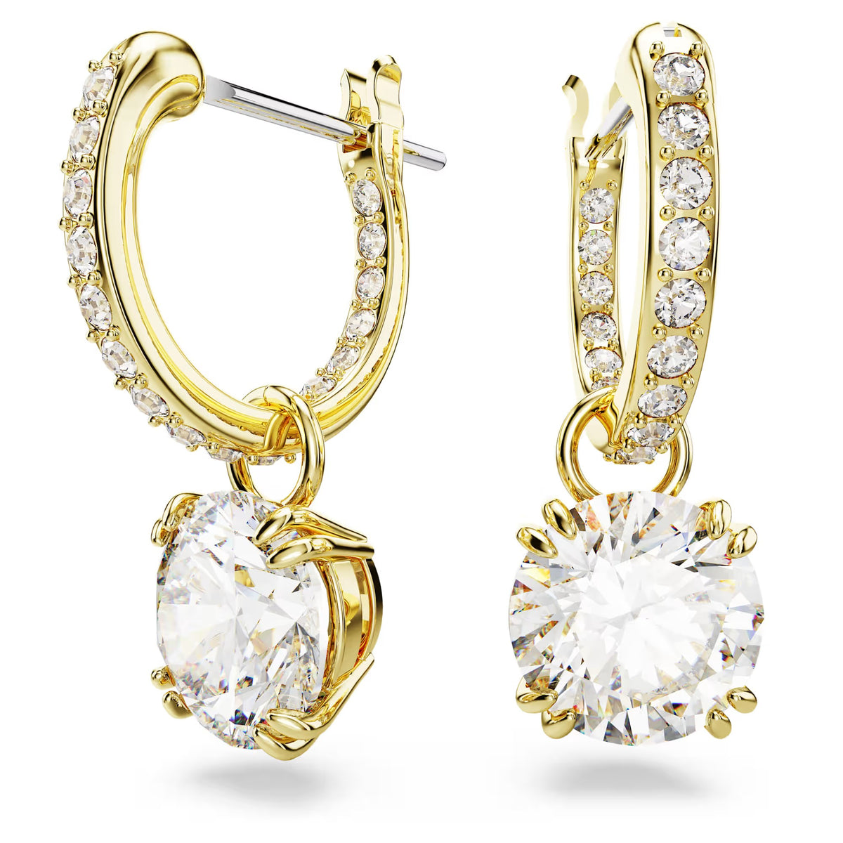 Swarovski Constella/Stilla drop earrings, Round cut, White, Gold-tone plated - 5638802/5689686 (SS)