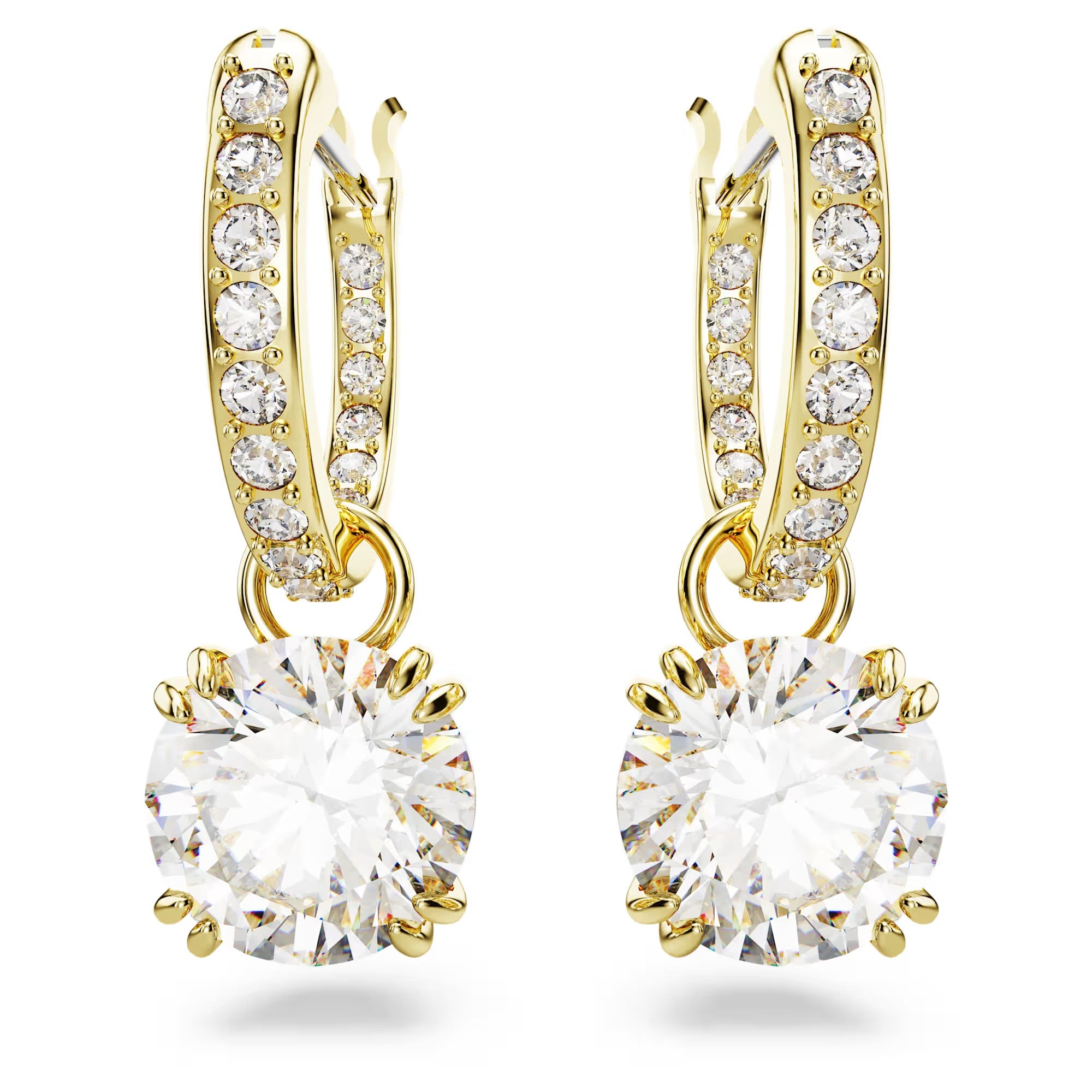 Swarovski Constella/Stilla drop earrings, Round cut, White, Gold-tone plated - 5638802/5689686 (SS)