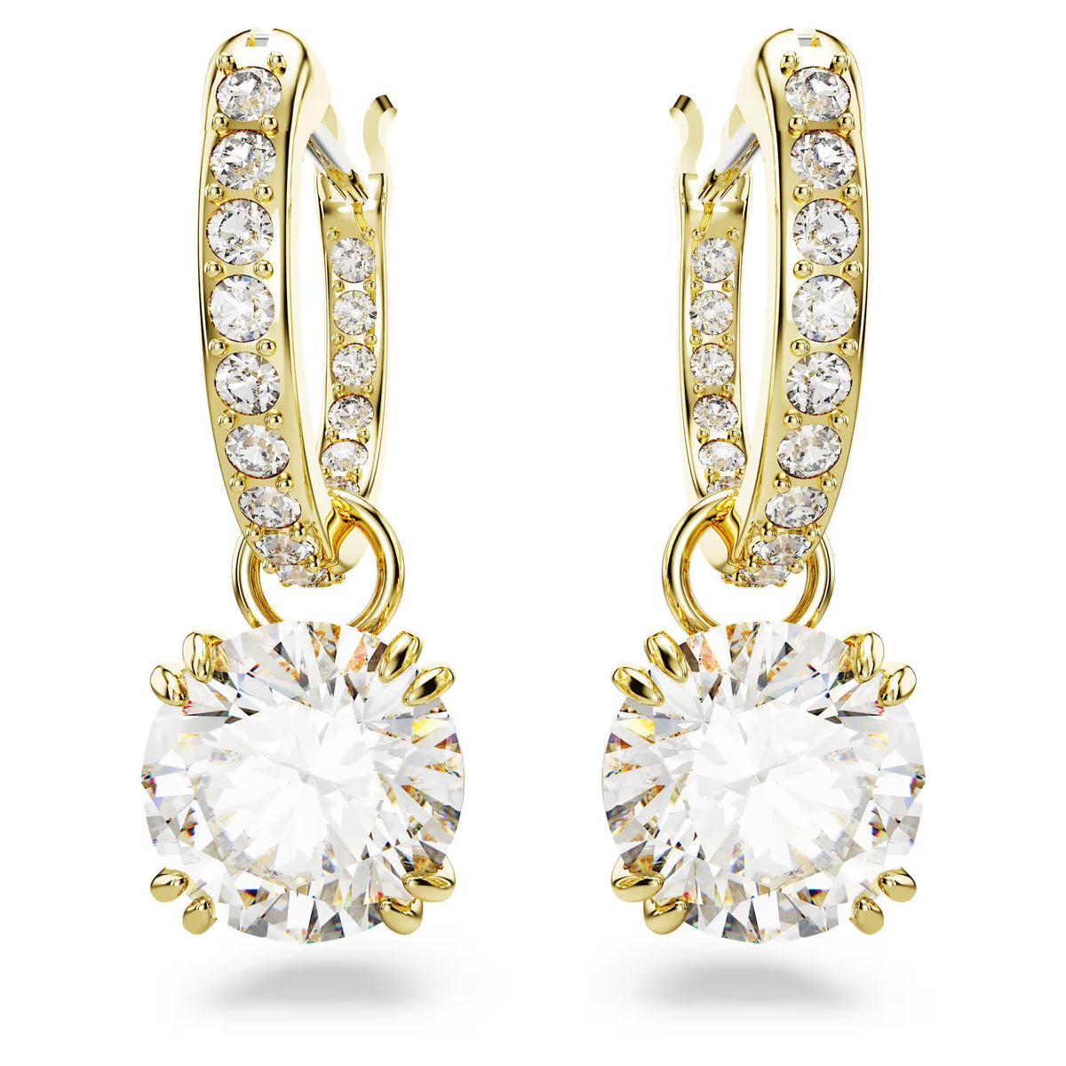 Swarovski Constella/Stilla drop earrings, Round cut, White, Gold-tone plated - 5638802/5689686 (SS)