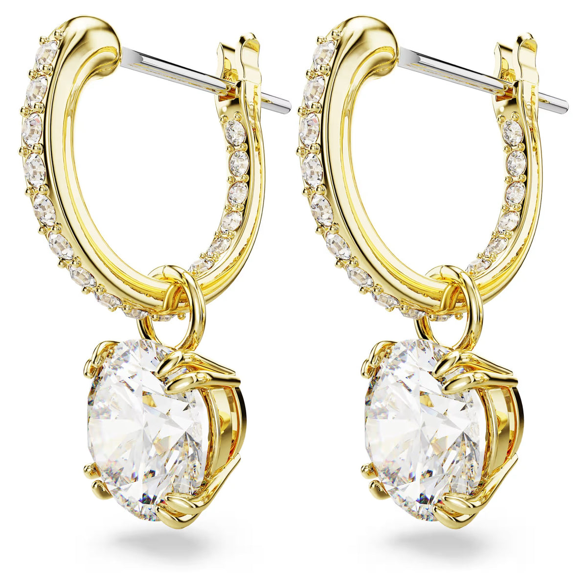 Swarovski Constella/Stilla drop earrings, Round cut, White, Gold-tone plated - 5638802/5689686 (SS)