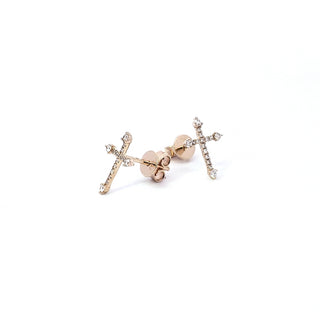 A pair of 14K yellow gold diamond cross earrings with a clear and colorless appearance.
