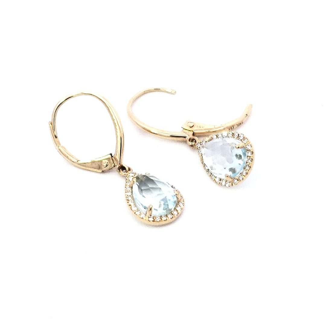 14K Yellow Gold Diamond and Aquamarine Earrings