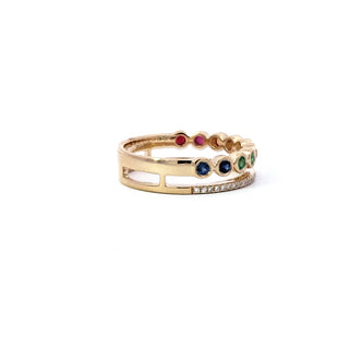 Anillo de diamantes y zafiro arcoíris de oro amarillo de 14 quilates