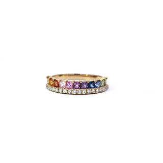 Anillo de diamantes y zafiro arcoíris de oro amarillo de 14 quilates
