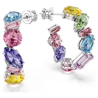 Swarovski - Gema hoop earrings Asymmetrical design, Mixed cuts, Small, Multicoloured, Rhodium plated  - 5692412- Discontinued